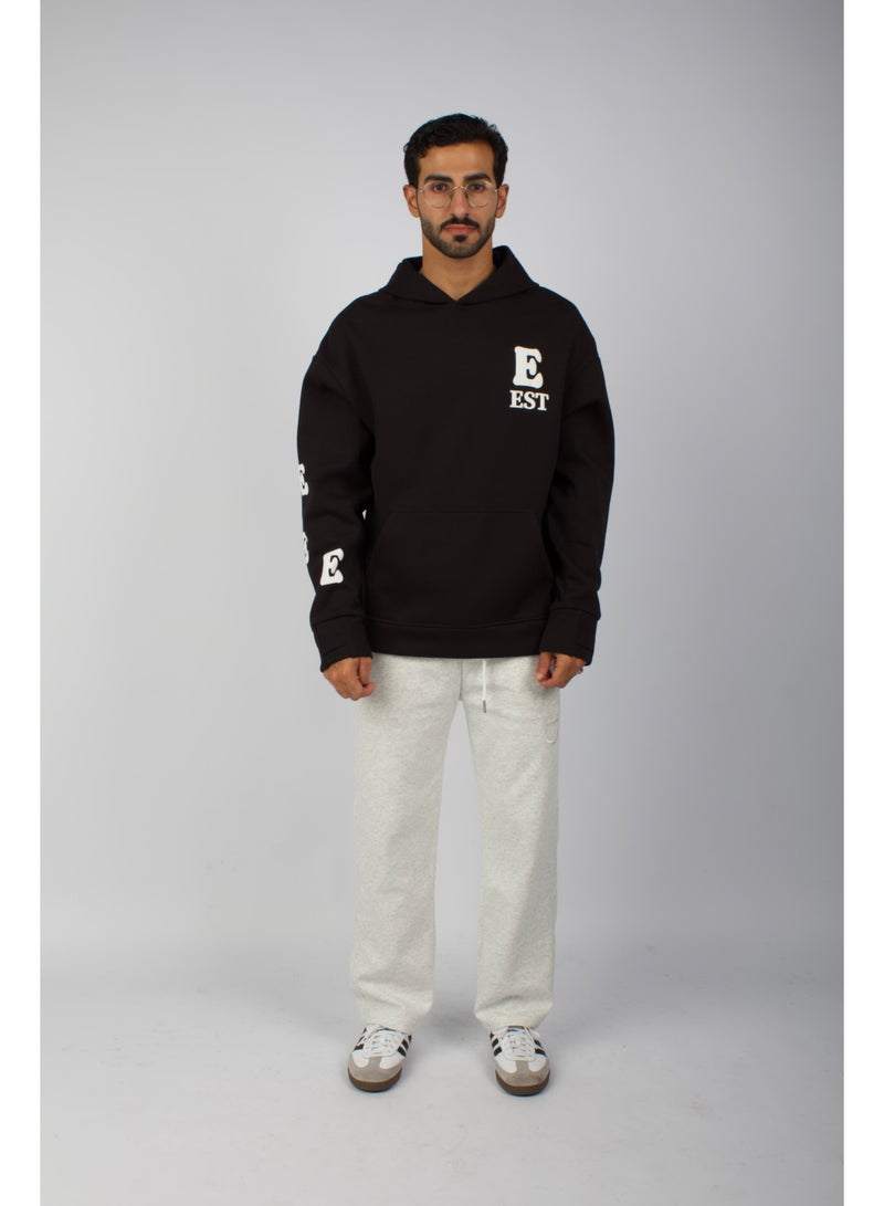 Red Planet Black fleece hoodie with a finger hole, made from a distinctive and elegant material. - Image 1